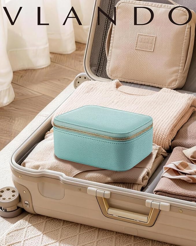 VLANDO Jewelry Travel Organizer with 8 Velvet Jewelry Bags Travel Jewelry Storage Box Jewelry Case for Necklace Rings Earrings Trendy Christmas Birthday Graduate Gifts for Women-Lake Blue