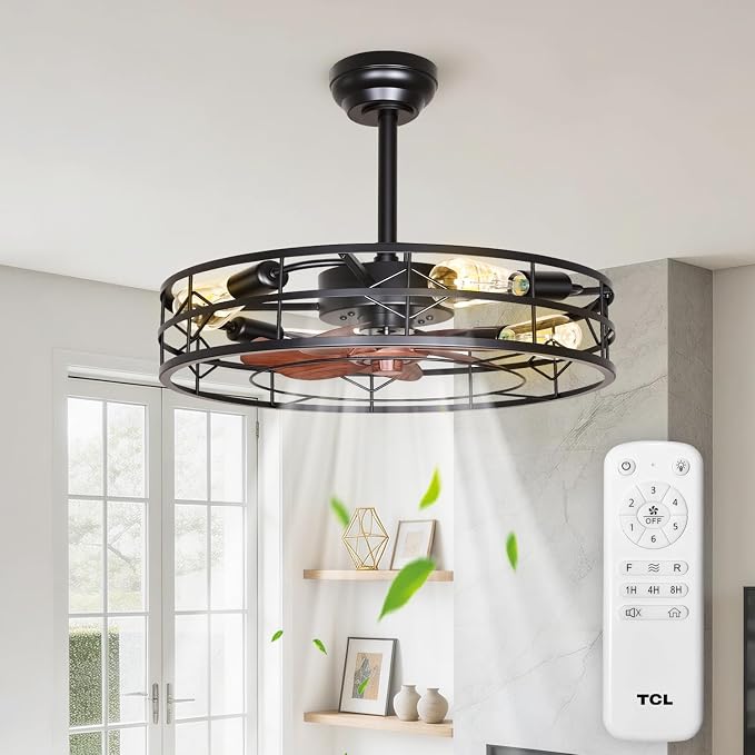 TCL 24 Inch Caged Ceiling Fan with Light and Remote, Low Profile Flush Mount Fandelier, Rustic Farmhouse Style Ceiling Fans for Bedroom, Kitchen, Easy to Install