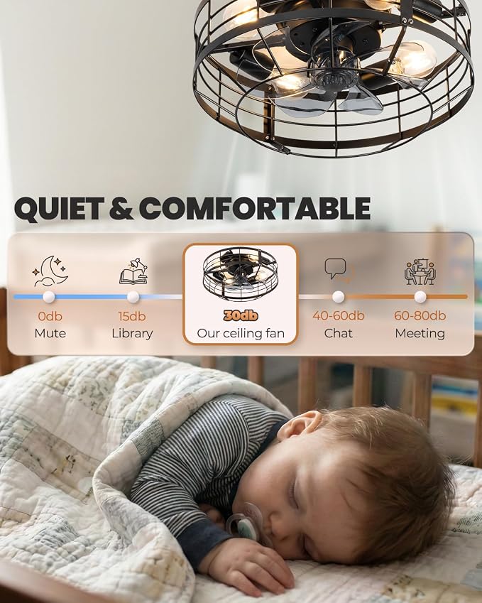 Caged Ceiling Fan with Light, 16 Inch Farmhouse Round Flush Mount Fan Lights Ceiling Fixtures, Need Assembly, 6 Speeds Reversible Motor Small Bladeless Ceiling Fans for Bedroom, Living Room