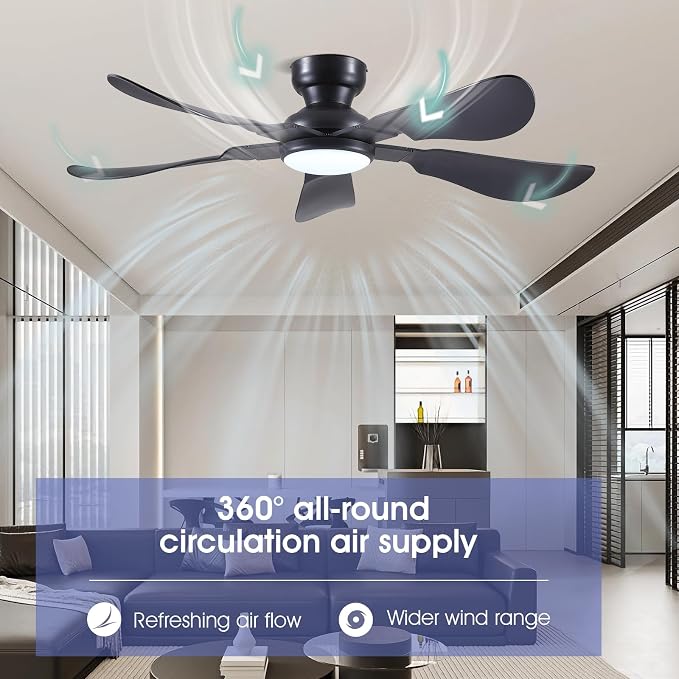 Kviflon 52 Inch Modern Ceiling Fans with Lights, Flush Mount Ceiling Fan with Light and Remote/APP Control, 5 Reversible 6 Speeds Curved Blades, 3 CCT Dimmable Lights for Bedroom, Black