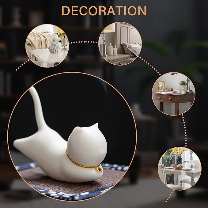 Incense Holder Handmade Ceramic Incense Burner with 30 Sandalwood Insence-Stick Holder with Bamboo Mat, Cute Cat Decor Incense Holder for Sticks for Aromatherapy/Yoga/Meditation/Home