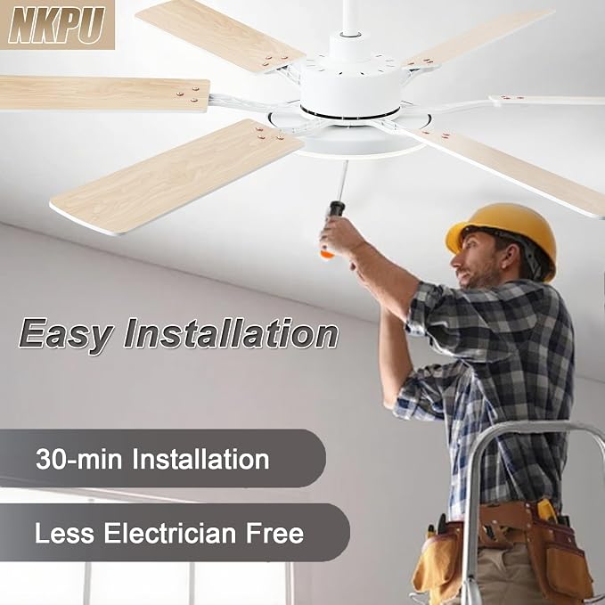 60 Inch Ceiling Fans with Lights, Large Modern White Ceiling Fan with Light and Remote Control, 6 Double Sided Blades, 6 Speed Reversible Motor, Dimmable LED, Silent Timing, Indoor Outdoor Patio Use