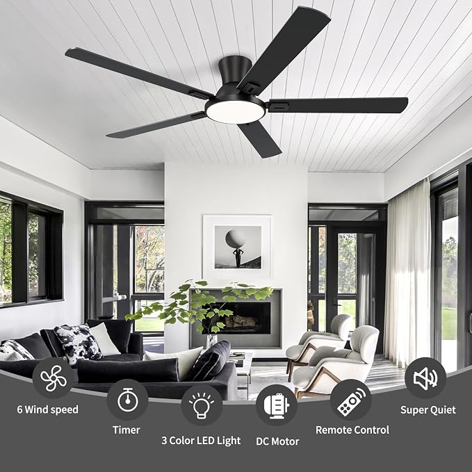 60 Inch Black Ceiling Fans with Lights and Remote, Flush Mount Low Profile 6 Blades Ceiling Fan with 10 Inch Lighting Fixture, Quiet Reversible DC Motor for Living Room, Bedroom and Patio