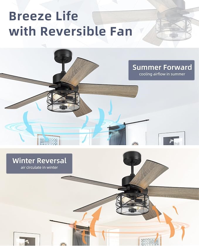 YOUKAIN 48 Inch Farmhouse Ceiling Fan with Light and Remote,Industrial Black Ceiling Fan with Glass Shade,5 Reversible Matte Black & Wood Blades,Quiet Indoor Ceiling Fan for Bedroom, 52-YJ632