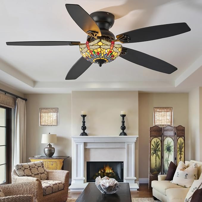 Tiffany Ceiling Fans with Lights - 52" Ceiling Fan Chandelier with 5 Dual-Blades and Glass Shade, 6 Speeds and Reversible, Indoor and Outdoor, Retro Style