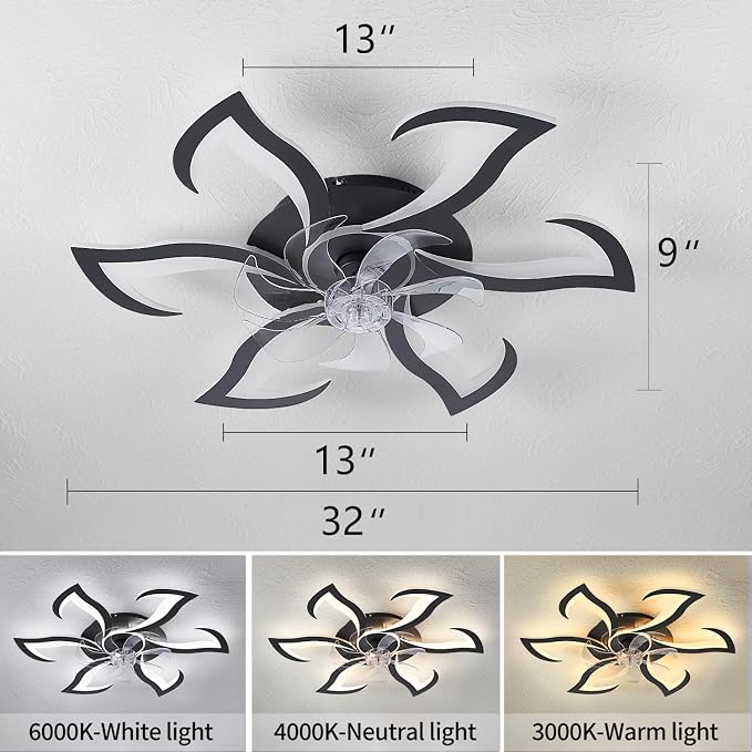 Dalouguan 32" Black Modern Ceiling Fan with Lights Remote Control, 6 Speeds 3 Light Color Low Profile Flush Mount Ceiling Fan for Kitchen Bedroom