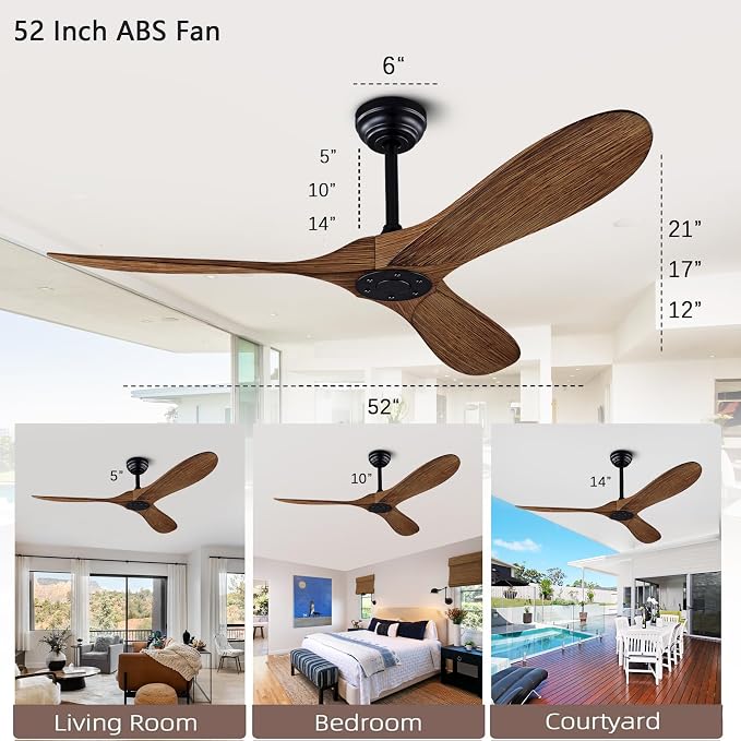 QUTWOB 52" Ceiling Fan with Remote Control No Lights,Modern Reversible DC Motor Indoor Outdoor 3 Blades Ceiling Fans for Patio Bedroom Living Room(Black+Dark Walnut)