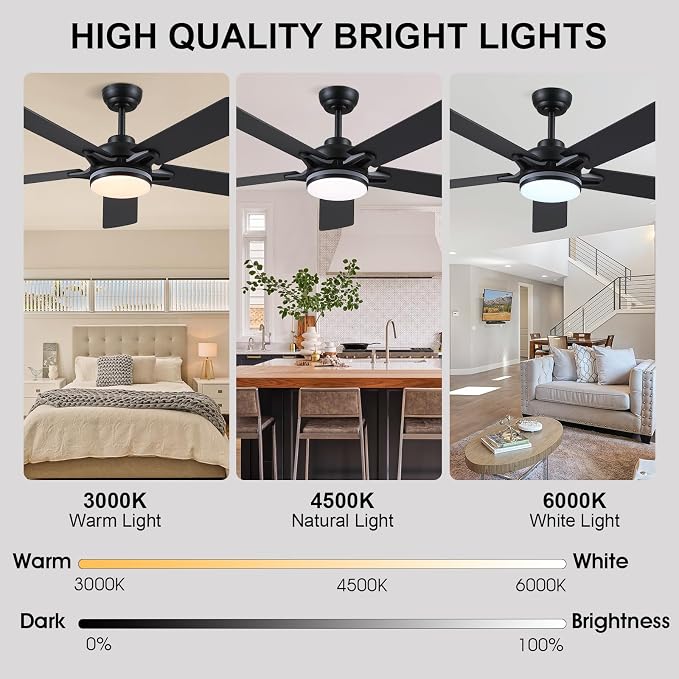Kviflon 52 Inch Ceiling Fans with Lights, Modern RGB Ceiling Fans, Black Ceiling Fan with Light for Bedroom Living Room, Remote/APP Control, Reversible Quiet DC Motor, Dimmable LED, Wooden Blades