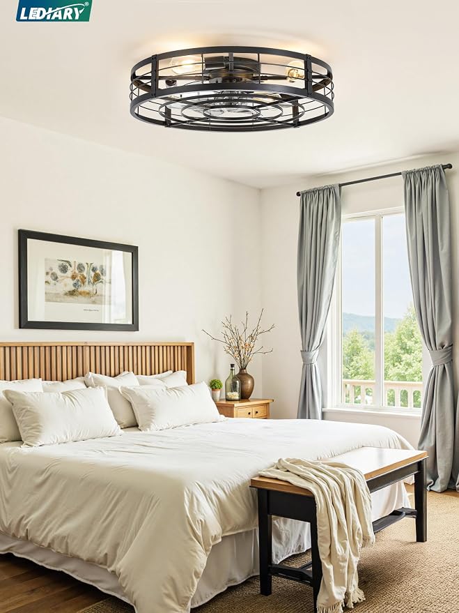 LEDIARY 26" Caged Ceiling Fan with Light and Remote, Low Profile Flush Mount Fandelier, Black Bladeless Enclosed Small Fan Lights Ceiling Fixtures, Rustic Farmhouse Style for Bedroom, Outdoor