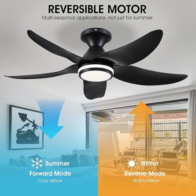 Kviflon 46 inch Ceiling Fans with Lights and Remote/APP Control, Modern Flush Mount Ceiling Fans with 5 Reversible Blades 6 Speeds, 3 Colors Dimmable+Ring Lights for Bedroom Dining Room, Black