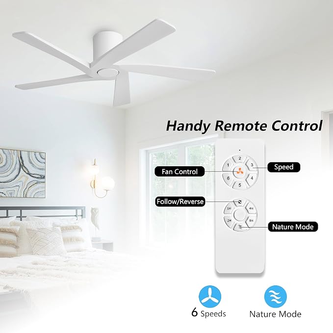 WINGBO 48 Inch Flush Mount DC Ceiling Fans without Lights, 5 Carved Solid Wood Blades, 6-Speed Reversible DC Motor, Low Profile Hugger Ceiling Fan No Lights for Indoor and Outdoor, Gloss White