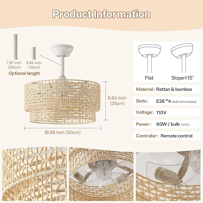 20" Boho Ceiling Fans with Lights, Rattan Fandelier Chandelier Ceiling Fan with Light Remote Control, Caged with 6 Speeds for Bedroom, Nursery