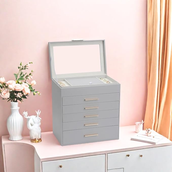 BOOVO Jewelry Boxes for Women, White and Black 6 Layer Large Jewelry Box for Necklace, Bracelet, Earrings, Rings Storage, Jewelry holder Organizer for Girls Gift (Grey, 6 layer)