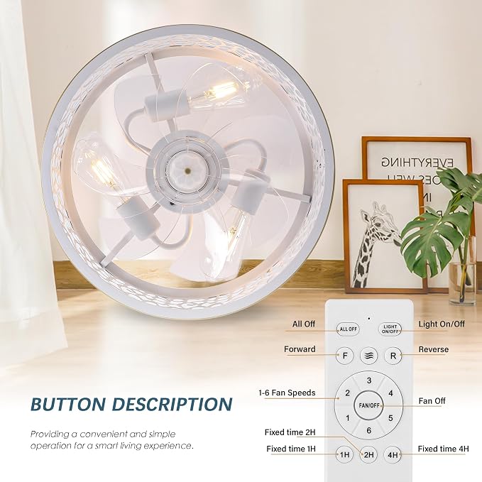 COCOSTAR Small Farmhouse Ceiling Fan with Light: 15" White Caged Fandelier | Smart Remote/APP,6 Speed,Timer,Semi Flush Mount Sloped Ceiling Light Fixture & Fan for Living Dining Kitchen Girls Bedroom