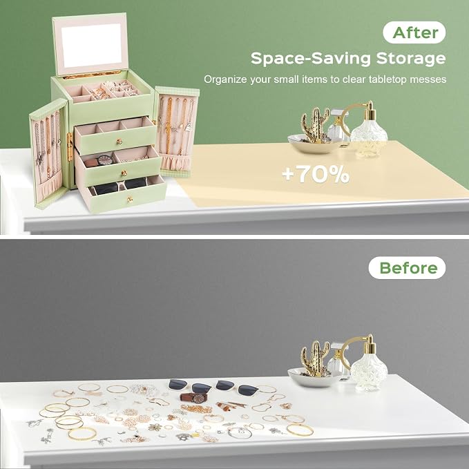 Dajasan Large Jewelry Box Organizer, Jewelry Storage Organizer with 3 Drawers, Huge Jewelry Box with Mirror for Women Girls, Double Door, Textured PU Leather, Gift Idea, Stylish (Green + Gold)