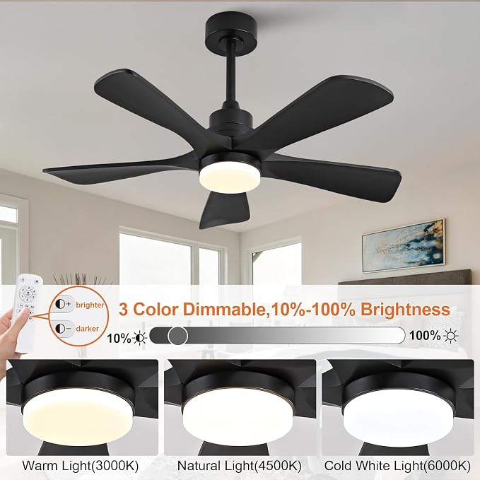 42 Inch Solid Wood Ceiling Fans with Lights, Black Ceiling Fan with Light for Bedroom, Noiseless DC Motor, Dimmable Led 5 Blades Ceiling Fan with Light