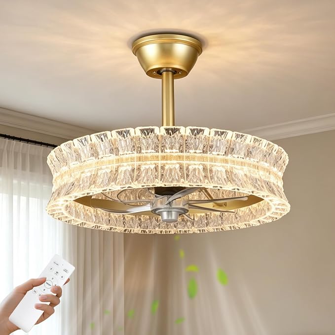 Depuley Crystal Ceiling Fans with Lights: 20" Gold Cagd Fan with Remote Control - Fandelier Fan Light for Girl's Bedroom Living Room Nursery
