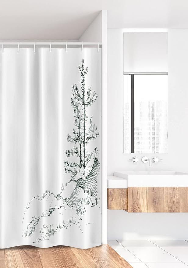 Ambesonne Sketchy Stall Shower Curtain, Young Thin Pine Trees on Rocks Ecology Forest Park Habitat Landscape Sketch Print, Fabric Bathroom Decor Set with Hooks, 36" W x 72" L, White Charcoal