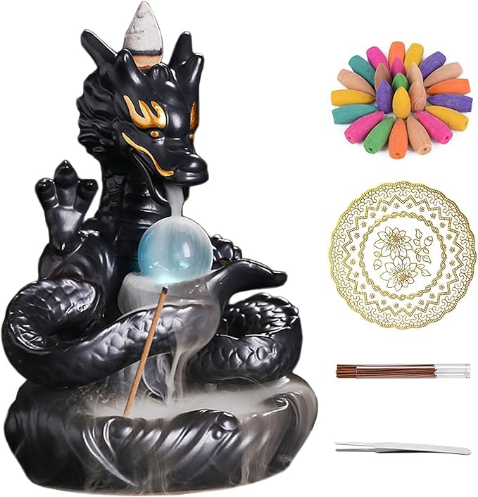 Dragon Shape Incense Waterfall, Ceramic Backflow Incense Holder, Handmade Waterfall Incense Burner with 20 Backflow Incense Cones + 30 Incense Sticks, Home Office Decor