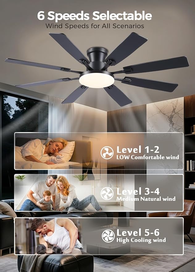 JSAITEE 60Inch Ceiling Fan with Lights, Large Low Profile Flush Mount,Black | Ceiling Fans,DC Reversible Motor Noiseless, 3CCT Dimmable, Dual Finish, 6 Speeds Ceiling Fan for Indoor/Outdoor