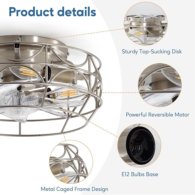 Nickel Caged Ceiling Fans with Lights and Remote,6 Speeds,12 inch Industrial Flush Mount Ceiling Fan with Light, Modern Bladeless Fan Lights Ceiling Fixtures for Kitchen, Bedroom,Indoor