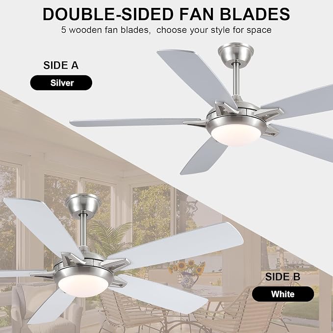 Kviflon 52 Inch Ceiling Fans with Lights and Remote, Modern Indoor Outdoor Ceiling Fan for Bedroom Living Room Patio Porch, 6 Speeds, Reversible Quiet Motor, Dual Finish Wooden Blades, Nickel