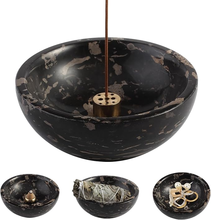 Koville Italian Natural Marble Incense Holder, 5inch Incense Holders for Sticks, Sturdy Incense Burner Ash Catcher, Ideal for Meditation, Relaxing, Easy to Clean(Nero Portoro)