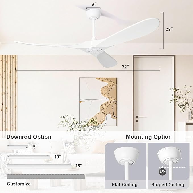 heimo 72 Inch white Ceiling Fan No Light,Indoor Outdoor 3 Blade Wood Ceiling Fans without Lights for Patios Living Room Porch Garage Big Extra Large Wooden Fan with Downrod