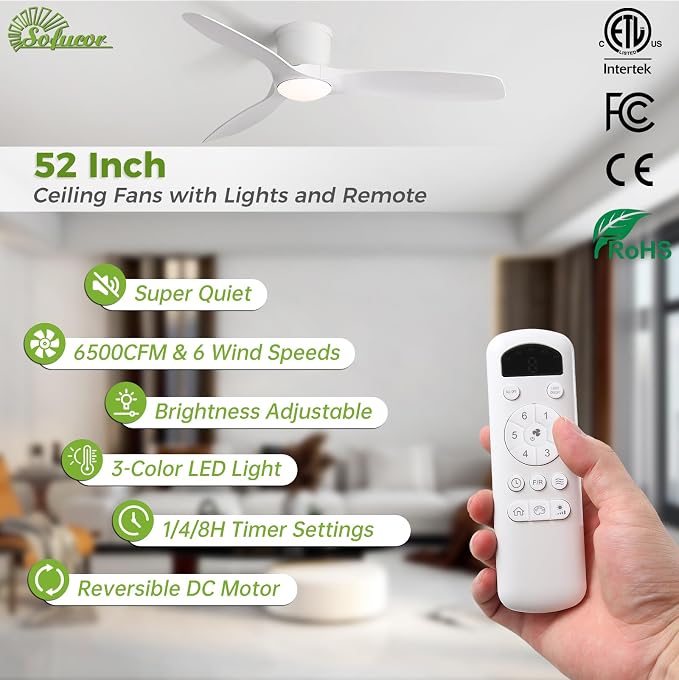 Sofucor 52 Inch Low Profile Ceiling Fans with Lights, Modern Flush Mount Ceiling Fan with 3 Plastic Blades, 6500CFM, Dimmable 6-Speed 3-Timer Reversible DC Motor for Bedroom Living Room, ETL, Brown