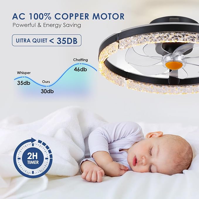Mpayel 20" Low Profile Ceiling Fan with RGB Light - Modern Bladeless Flush Mount Ceiling Fan with Remote, Quiet DC Motor, 6 Speeds, 3CCT Dimmable LED Light for Kids Room, Bedroom & Bunk Beds