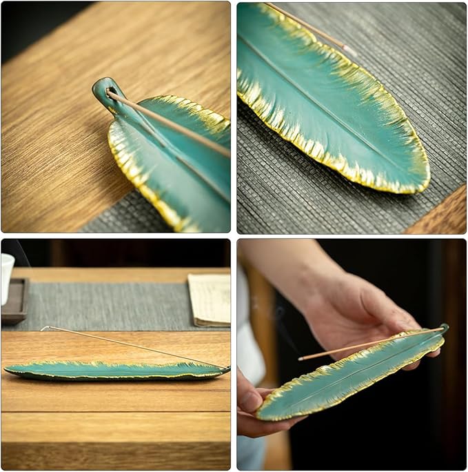Incense Stick Holder Burner Ceramic Green Feather, Incense Burner Ash Catcher 9 Inch Handmade Incense Tray Meditation, Yoga, Home/Office Decor, Spa Relaxation (Green)