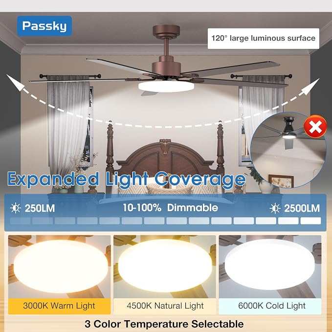 Passky Ceiling Fans with Lights, 60 inch Sleek Ceiling Fan with Light and Remote Control, 3CCT, Dimmable, Reversible, Noiseless, Brown Ceiling Fan for Bedroom, Living Room