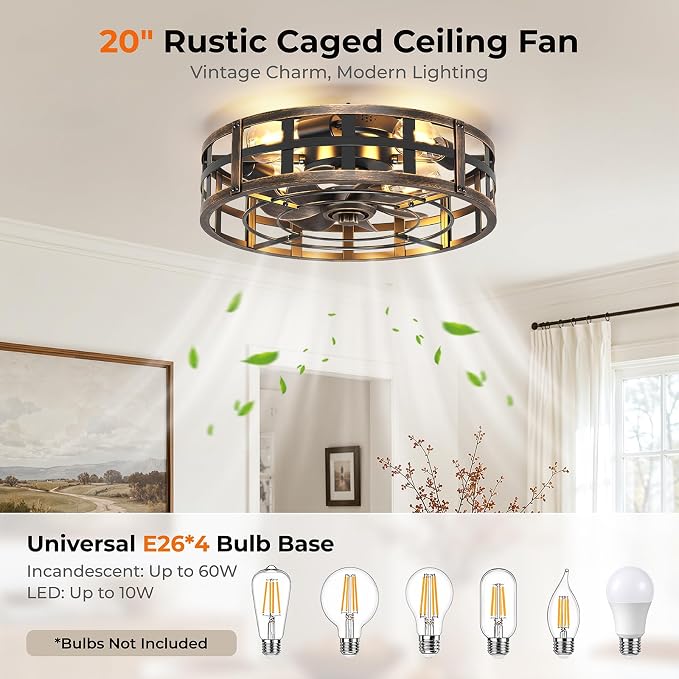 BLNAN 20" Farmhouse Ceiling Fan with Lights and Remote, Industrial Caged Low Profile Flush Mount Industrial Fandelier, 6 Speeds Bladeless Fan Lights for Bedroom, Kitchen, Living Room, Black Gold