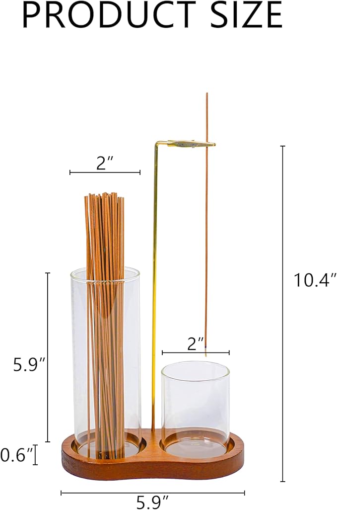 Modern 2-in-1 Incense Holder with Glass Ash Catcher, Featuring a Wood Tray, Metal Rod & 2 Glass Cups for Organized Burning. Perfect for a Clean Desk, Zen Meditation, Yoga and Home Decor