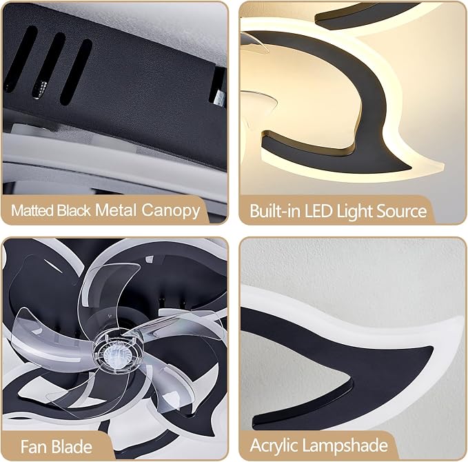 38" Black Geometric Ceiling Fan with Lights, 6 Speeds Flower Low Profile Flush Mount Ceiling Fan for Living Room