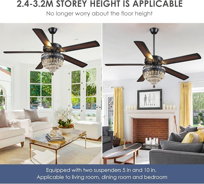 62" Black Crystal Chandelier Ceiling Fans with Lights and Remote Control | Classical Design,6 Reversible Speeds,30W Quiet DC Motor,5 Wooden Blades,3*E12 LED Bulbs Included,for Living Room Bedroom