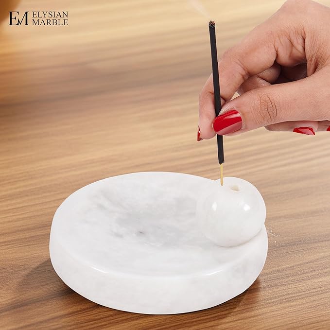 Incense Holder for Sticks, Natural Marble Incense Burner Ash Catcher Plate for Palo Santo, Sage, Meditation, Yoga and Home Decor - White