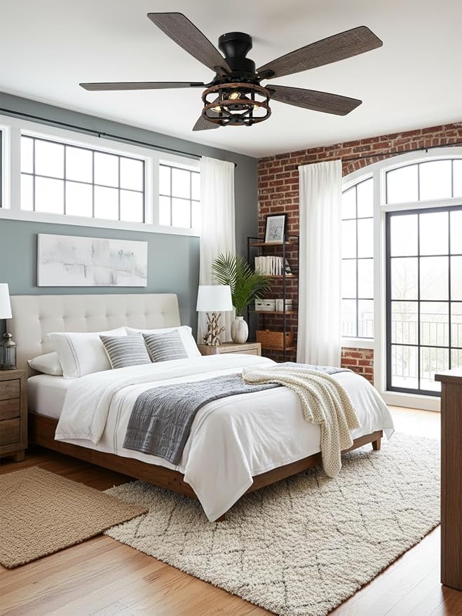 52 Inch Flush Mount Farmhouse Ceiling Fan with Light and Remote Control | 5 Reversible Blades Low Profile Ceiling Fans with 3-Light 6 Speeds 3 Timing for Living Room Bedroom Kitche