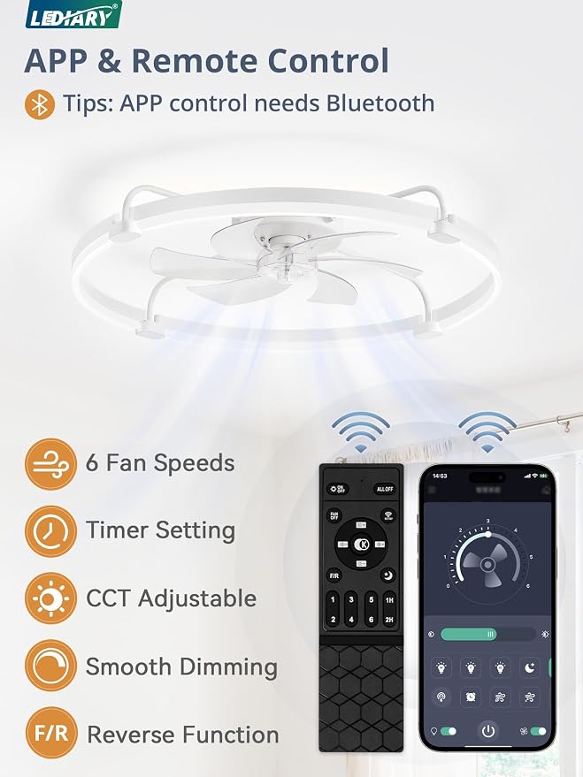 LEDIARY 30" Ceiling Fans with Lights and Remote, Low Profile Led Fan Light | Stepless Dimmable Fandelier, 6 Wind Speeds, Remote and APP Control, Flush Mount Ceiling Fan for Bedroom, Living Room, White