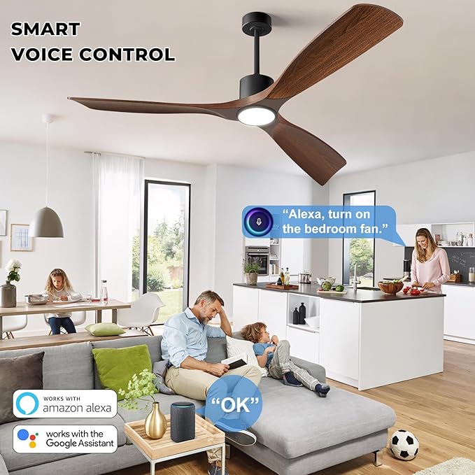 52" Smart Ceiling Fan with Lights,Outdoor Ceiling Fan Compatible with Alexa/Google/App/Remote,3-Color Light 6-Speed Quiet Reversible DC Motor for Patio Bedroom Living Room,Dark Walnut