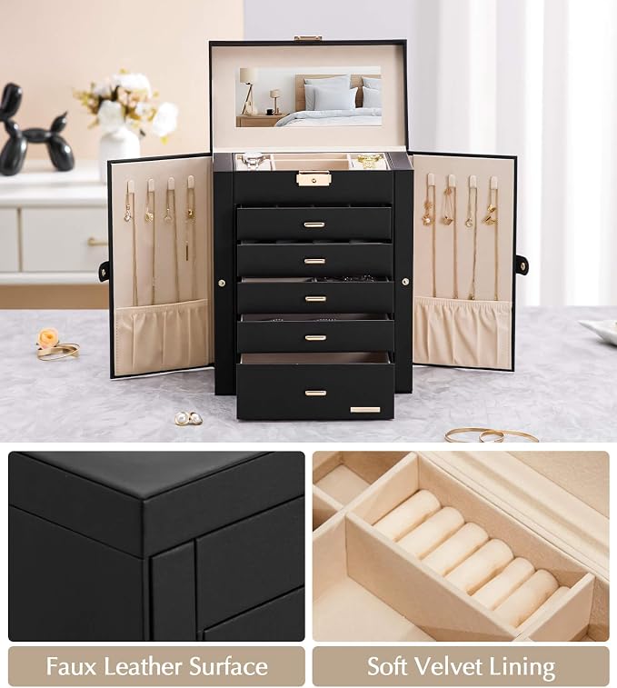 Homde Jewelry Box Large for Women: 6 Layers 5 Drawers Organizer with Mirror for Ring Earring Necklace - Storage Holder with Lock for Dresser - Ideal Gift Case (Black)