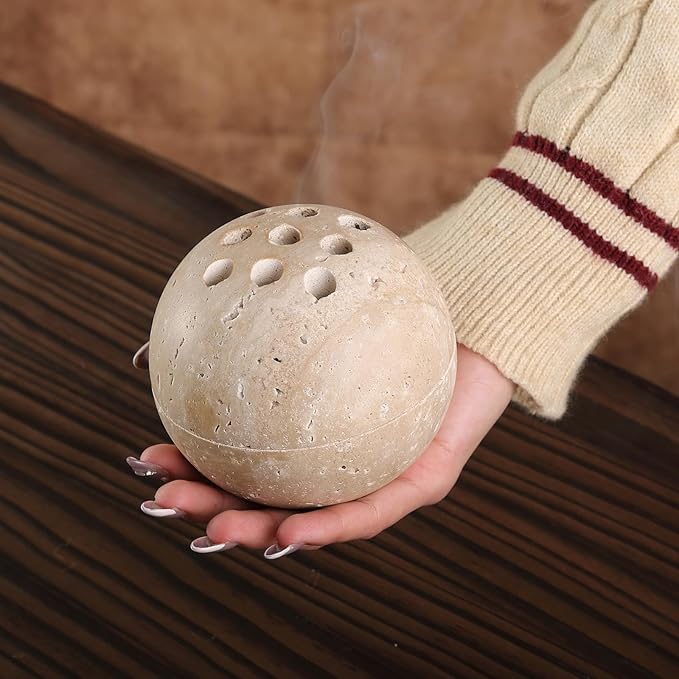 Koville Natural Travertine Incense Burner, Stone Incense Holder for Cone/Balsam Fir/Palo Santo/Sage, Handmade Sphere Marble Incense Burner for Meditation Yoga SPA Relaxation, Home Decor(Beige)