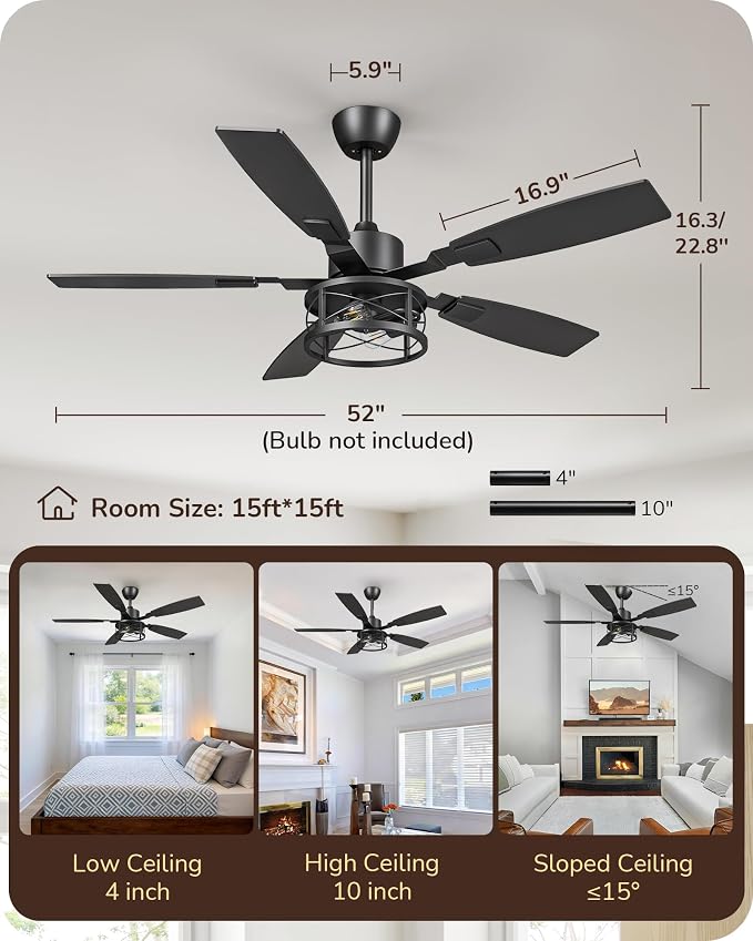 EDISHINE 52" Farmhouse Ceiling Fans with Lights and Remote, 10%-100% Dimmable, 6 Speeds, 5 Wood Blades, Reversible DC Motor, Timer, Quiet, Rustic Caged Fandelier Ceiling Fan for Bedroom Living Room
