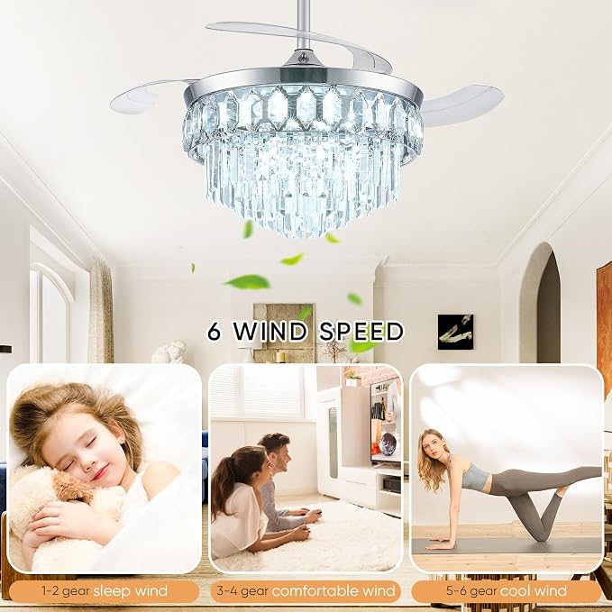 FIDGRA 42 Inch Fandelier Ceiling Fan with Light, Retractable Ceiling Fan with Lights Chandelier Fan for Bedroom, Living Room, 3 Color Temperature, 6 Wind Speed-Chrome