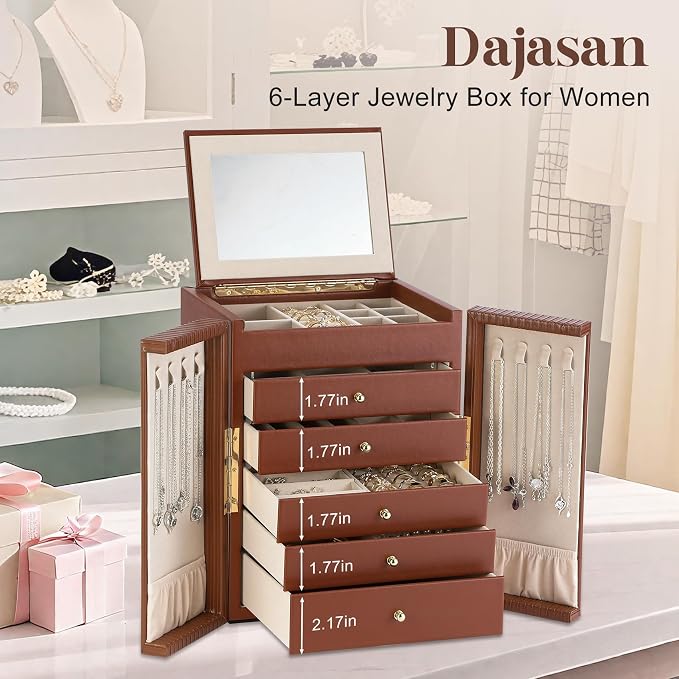 Dajasan Large Jewelry Organizer Box, 6-Tier Jewelry Storage Case with 5 Drawers, Jewelry Boxes for Women Girls with Mirror, Double Door, Textured PU Leather, Gift Idea, Stylish (Brown + Gold)