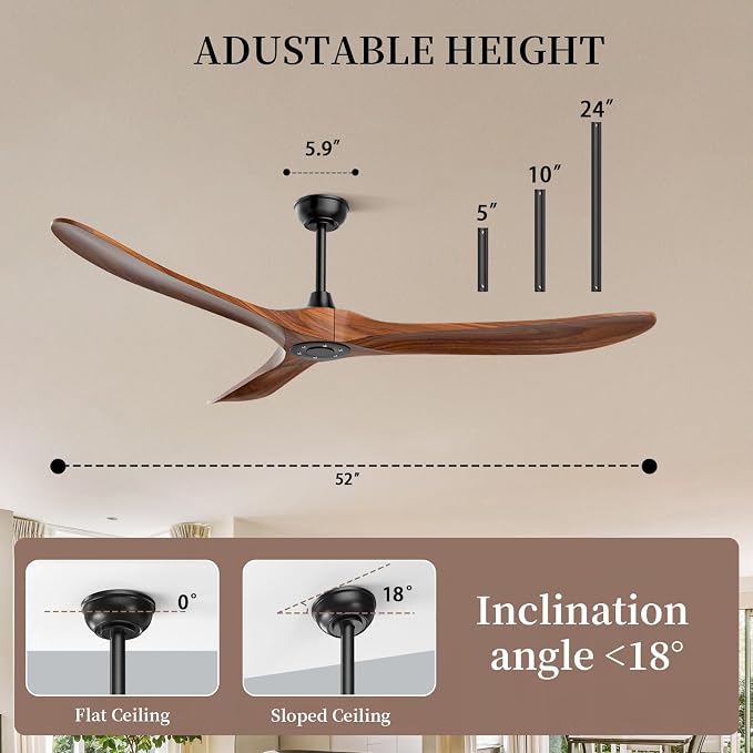Obabala 52 Inch Ceiling Fan No Light, Wood Indoor Outdoor Ceiling Fans Without Lights, Modern Propeller Exterior 3 Blade Wooden Fan for Patios Bedroom Living Room Porch(Walnut)