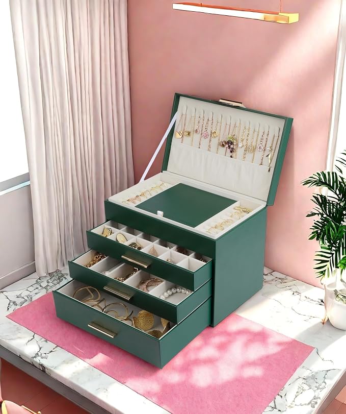 BOOVO Jewelry Boxes for Women, White and Black 6 Layer Large Jewelry Box for Necklace, Bracelet, Earrings, Rings Storage, Jewelry holder Organizer for Girls Gift (Green, 5 Layer)
