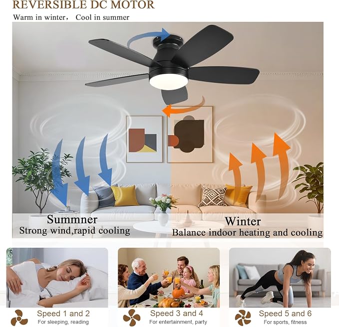 FUMLTP 42inch Ceiling Fans with Lights, Low Profile Ceiling Fan with Light and Remote Control, Flush Mount, Reversible DC Motor, Dimmable, Quiet, Black Small Ceiling Fan for Bedroom Indoor/Outdoor Use