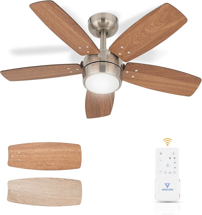 Ceiling Fan 36'' for Small Room: Modern Ceiling Fans with Light Remote Control - Reversible Quiet DC Motor Dimmable with 6 Speeds for Dorm Room Kids Bedroom(Brushed Nickel+Walnut)