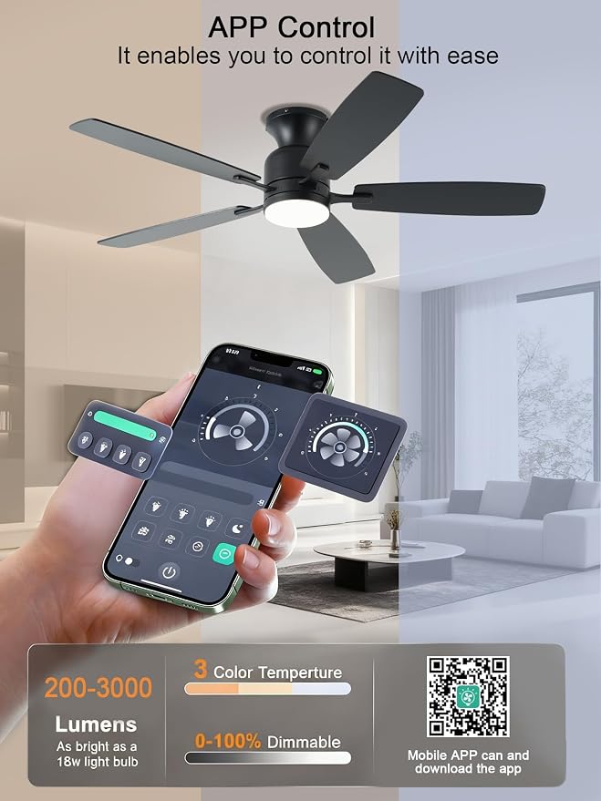 KNUN 52 Inch Ceiling Fans with Lights,ceiling fans with lights and remote， 3CCT Dimmable, Double-Sided Blades, Reversible Motor, (Black)